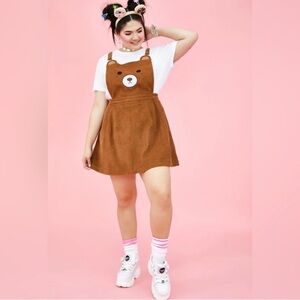 Dolls Kill Sugar Thrillz Womens 2X Brown Corduroy Ribbed BB Bear Pinafore Dress